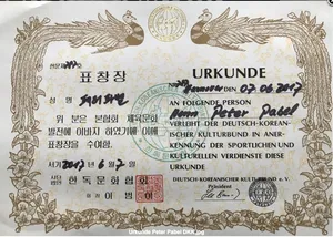 Auszeichnung Peter Pabel Urkunde von Peter Pabel aus seiner Kampfsportlaufbahn